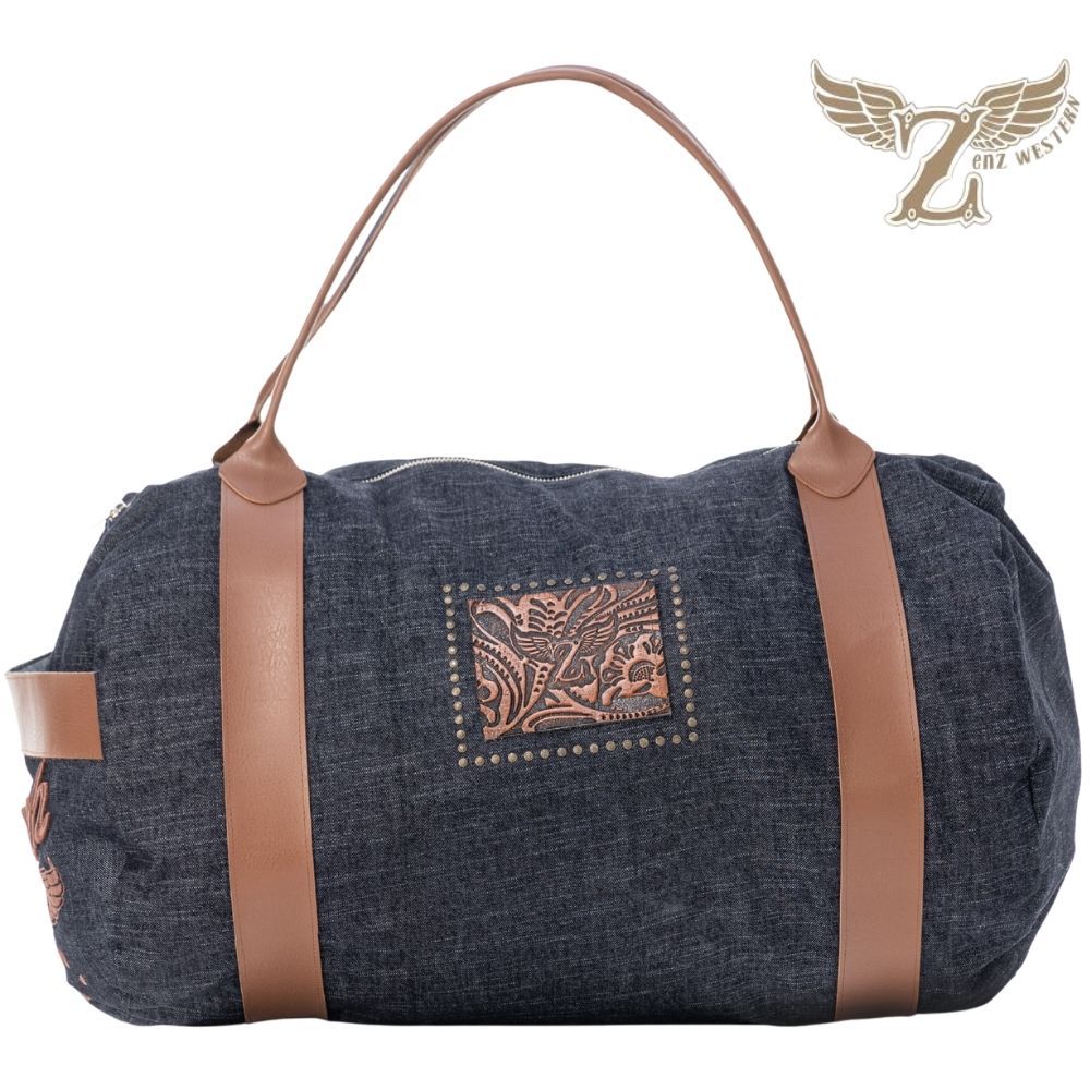 Bolsa Mala Feminina  Zenz Western Go Outside Tecido Jeans Azul Ranch Marrom Dourado Na Lateral E Tachinhas Ref:ZW0126059