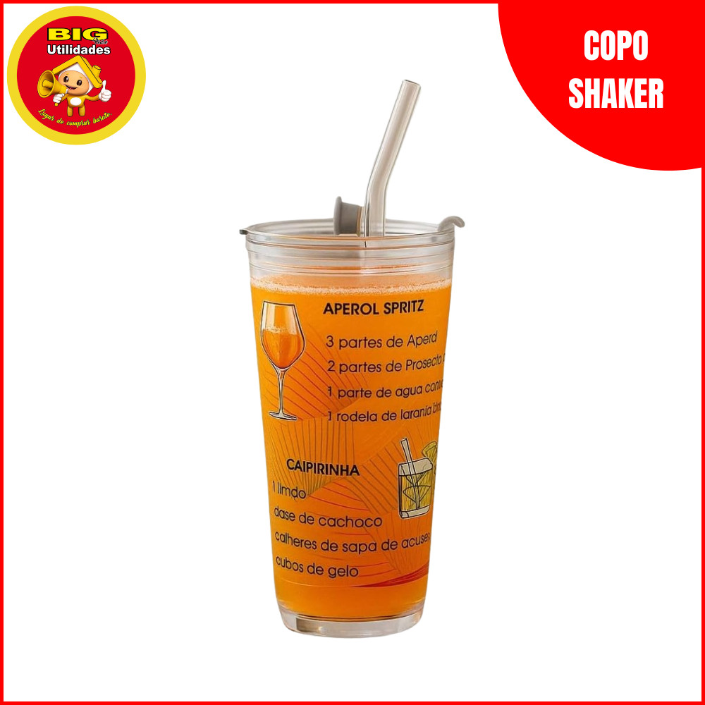 Copo Shaker Com Receitas 450ml Tampa E Canudo Vidro Para Drinks Coquetéis E Shakes Fitness Allmix