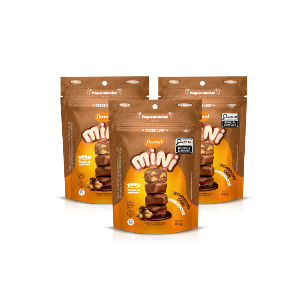 Kit com 3 Mini Bombom ao Leite com Amendoim Flormel Zero Açúcar 60g sem Glúten