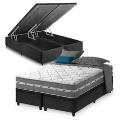 Cama Box Baú King Bipartido Preto + Colchão Molas Ensacadas Zidi Miami 193x203x64cm