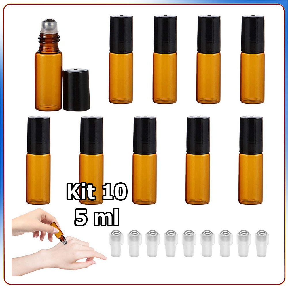 Kit 10 5ml Frasco roll-on vidro âmbar frasco para óleo essencial frasco perfume tampa plástico preta frasco de amostra
