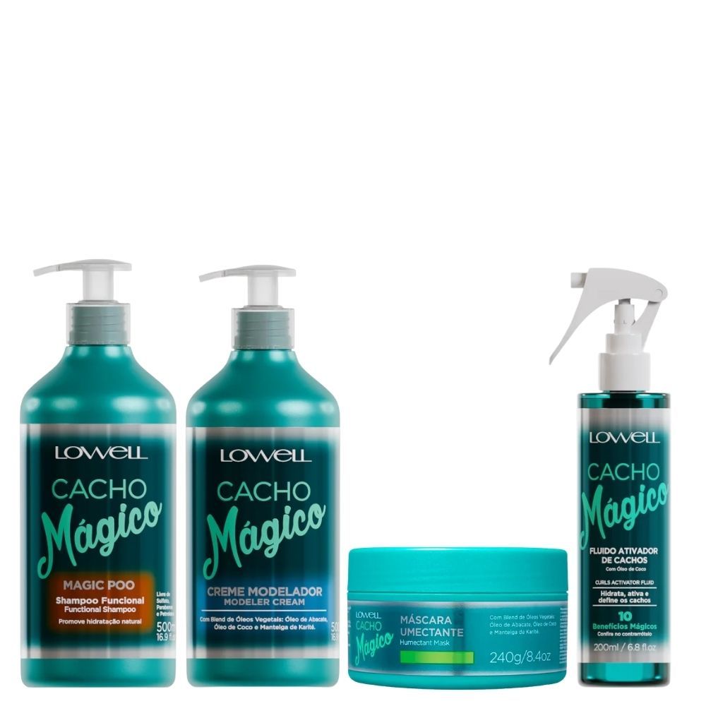 Kit Cachos Mágicos Completo Shampoo 500ml + Creme Modelador + Máscara 240g + Fluido Ativador – Definição, Hidratação e C