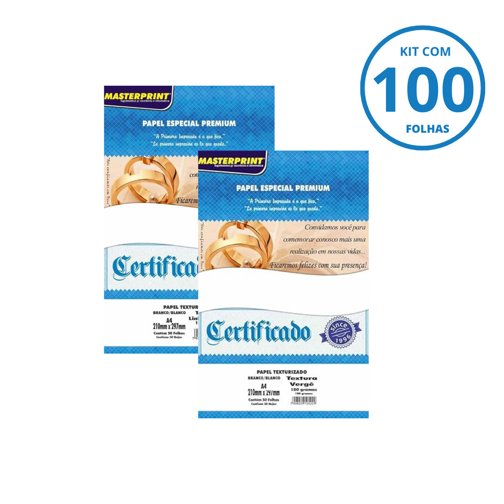 Kit Papel Branco Premium Vergê 180g A4 - MASTERPRINT Kit:Com 100