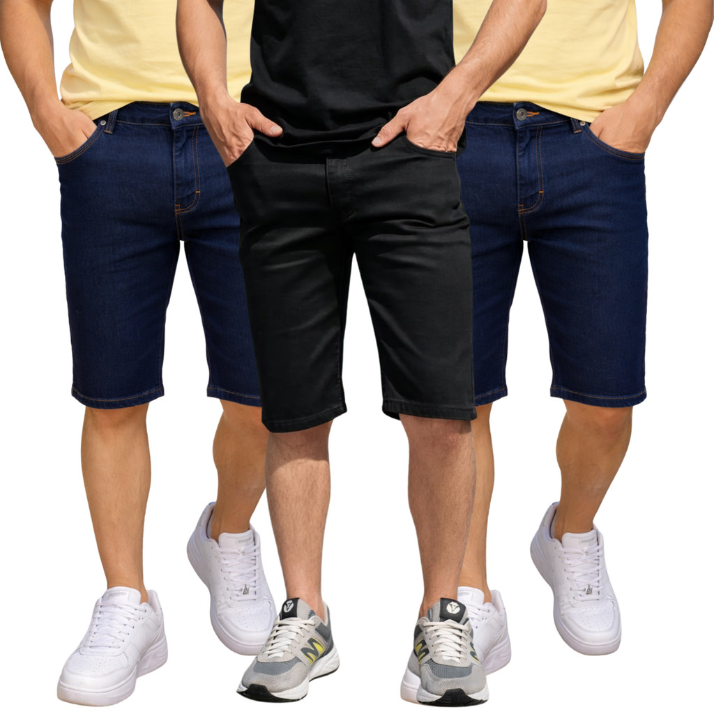 Kit C/3 Bermudas Short Jeans Masculina Com Elastano Stretch Estica Bem