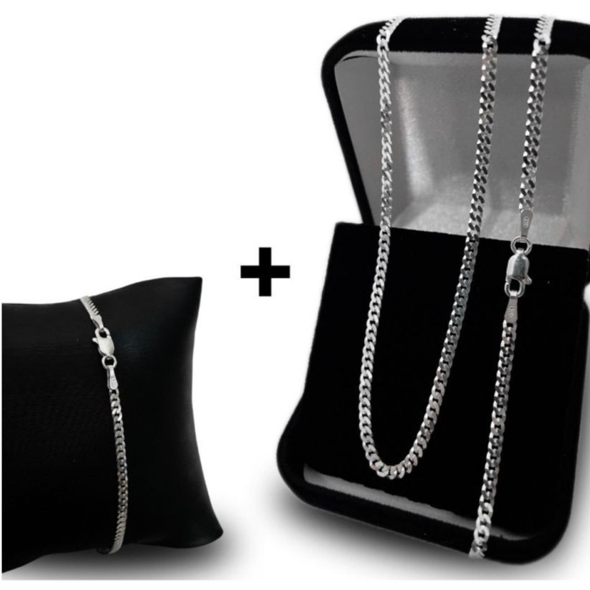 Kit Cordão + Pulseira Grumet 4 mm a Prata 925 LEGITIM Corrente 70 Cent Pulseira 21 Cent
