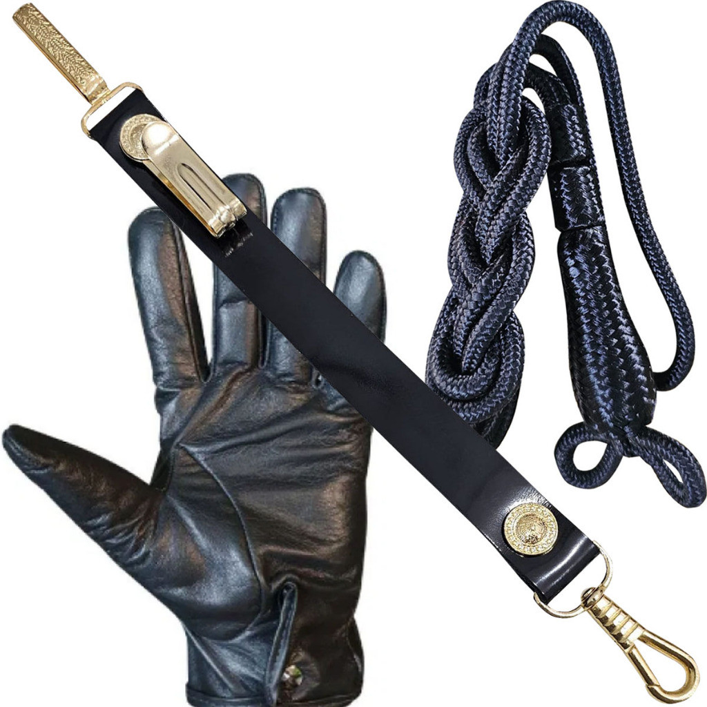 Guia Talim de Espada Dourado Fita Couro + Luva Couro + Afiador Preto