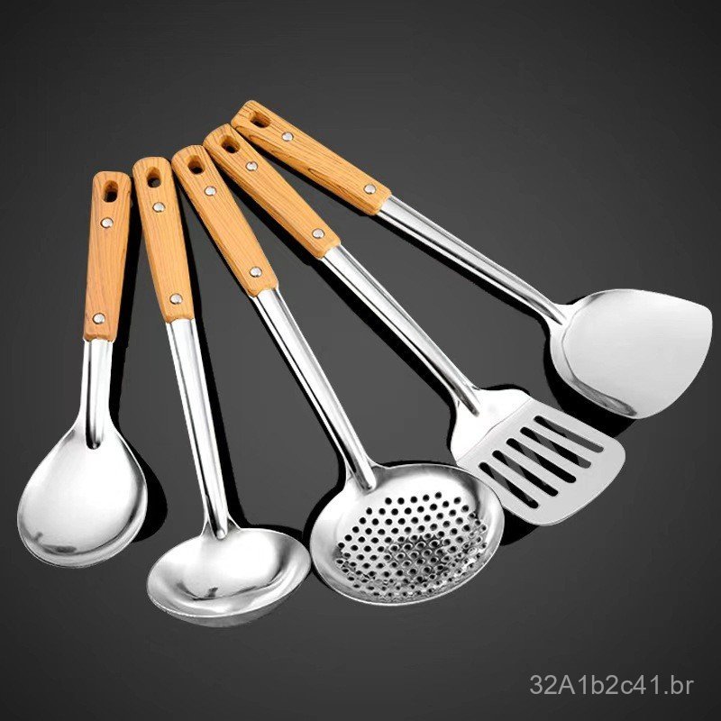 Espátula de cozinha em aço inoxidável, utensílio de cozinha, colher para sopa com cabo de madeira, espessada. 	 Conjunto