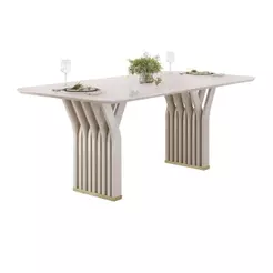 Mesa de Sala Jantar Yara c/ Tampo Madeirado c/ Vidro Curvo 170x90cm Off White/Off White - DJ Móveis