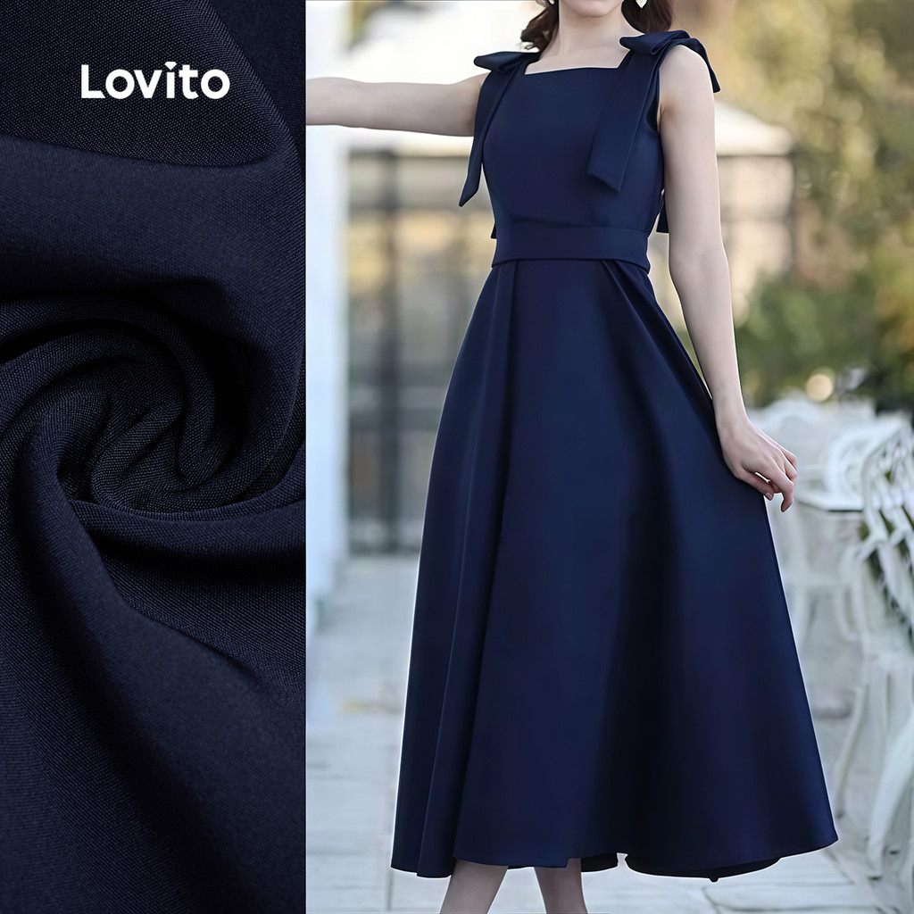 Lovito Vestido Elegante com Laço Frontal Textura Simples Azulmarinho Primavera/v