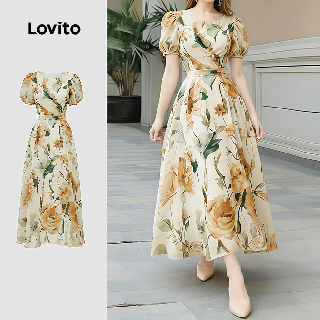 Lovito Florido Elegante Vestido com Zíper para Primavera/verão para Mulheres LK4