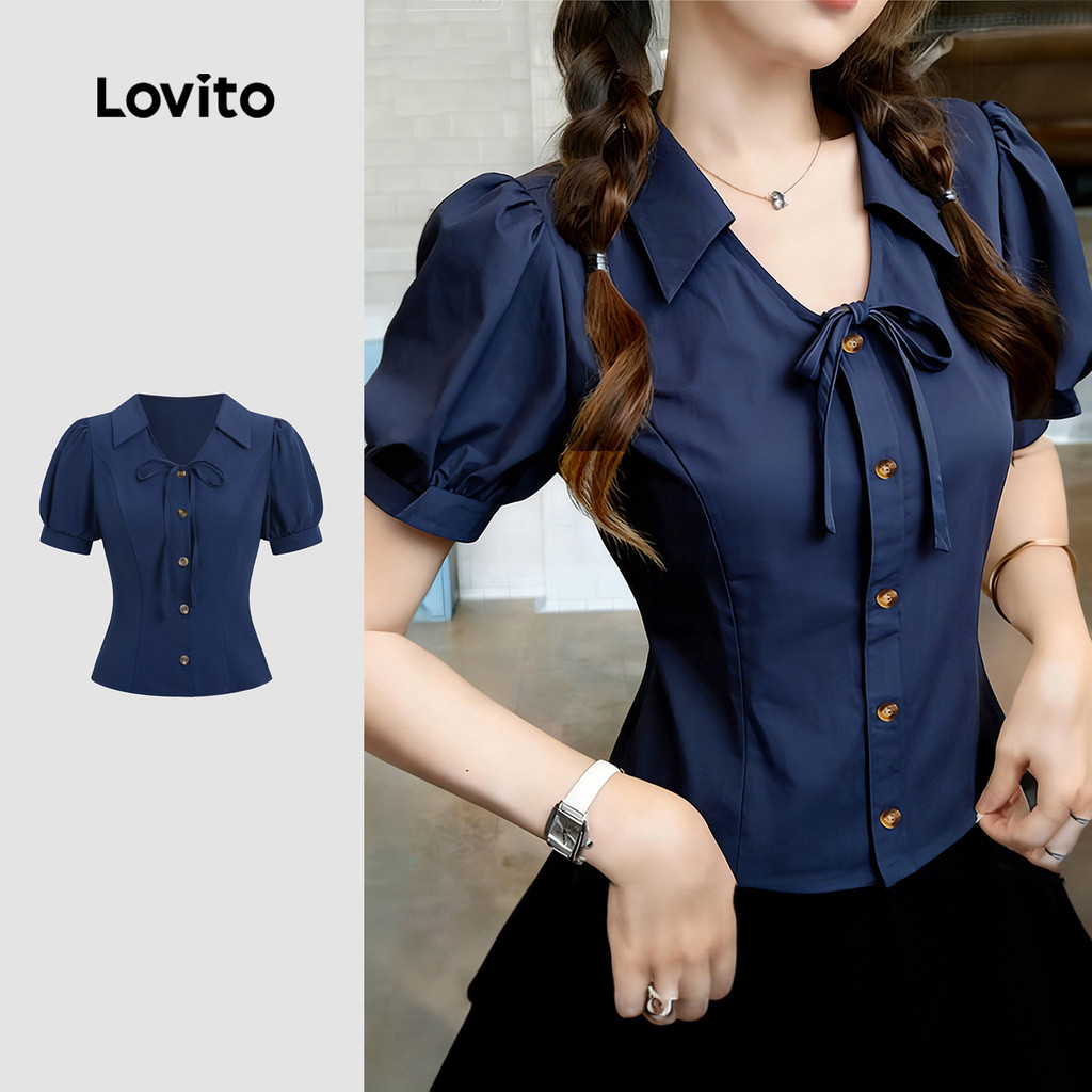 Lovito Blusa Casual Feminina com Laço de Botão Primavera/verão Azul Marinho L183AD212