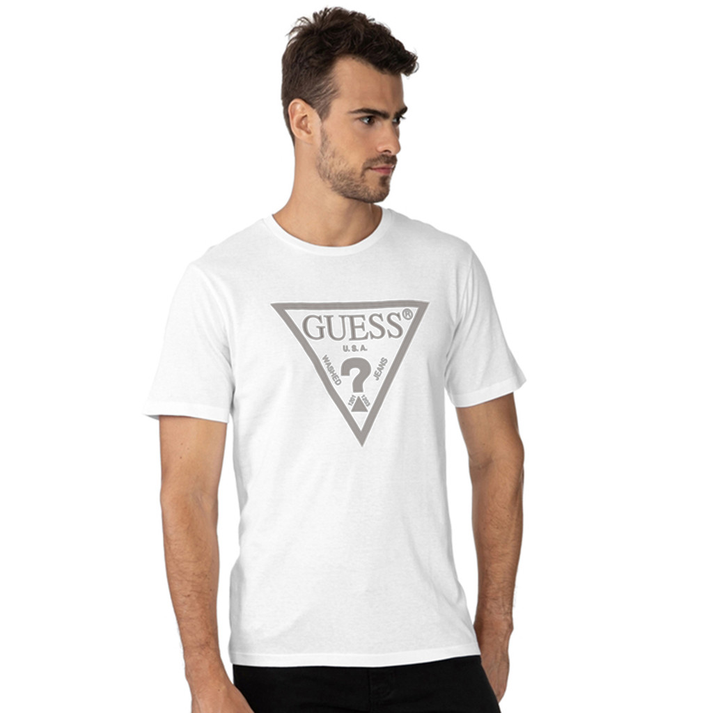 Camiseta Guess Original Masculina Logo Vazado Duplo Branca