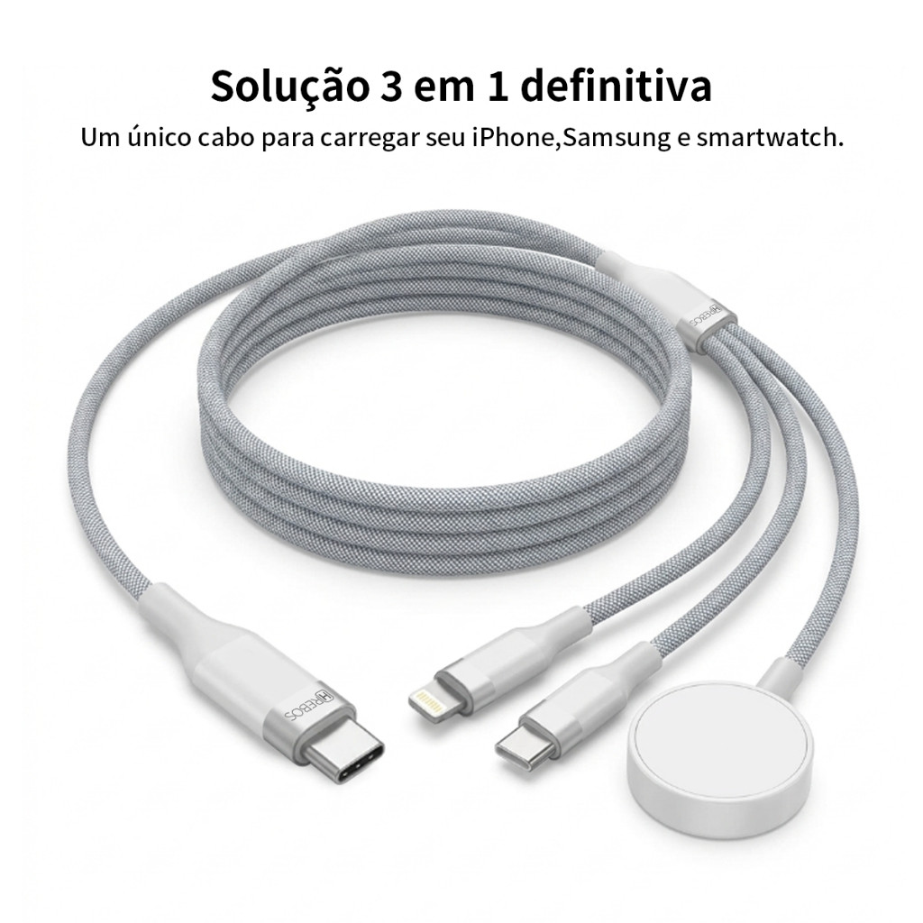 Cabo Multi-Carregamento 4 em 1 (USB-C + Lightning + USB-C + Apple Watch), 60W, Carregamento Simultâneo