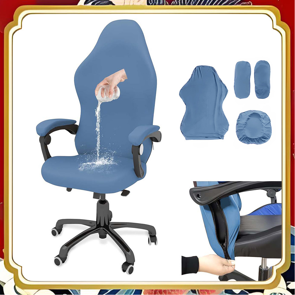 Cadeira de jogos respirável elástica alta com tudo incluído capa azul claro apoio de braço assento conjunto de quatro pe