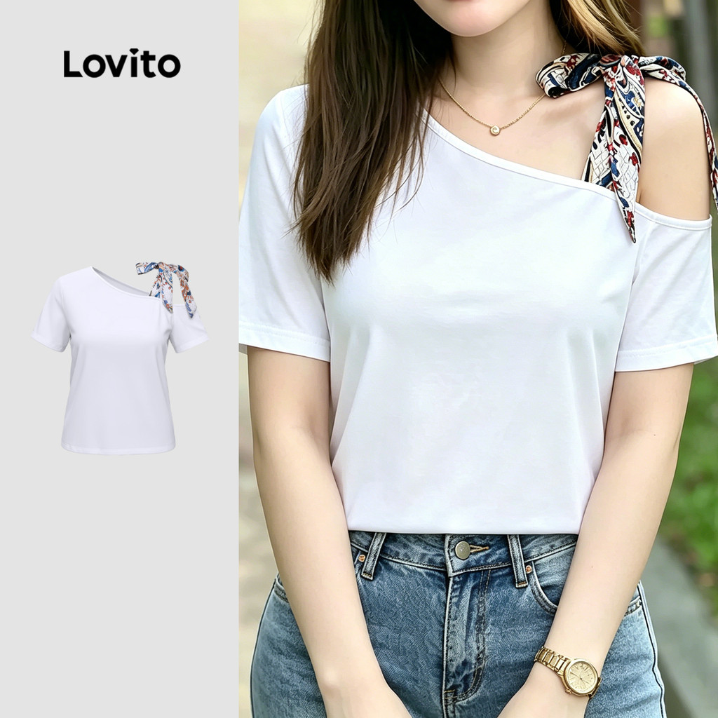 Lovito Tecido com Padrão de Camiseta Casual Costura de Tecido para Camiseta de Primavera/verão para mulheres LK5ED228 em Oferta na Shopee