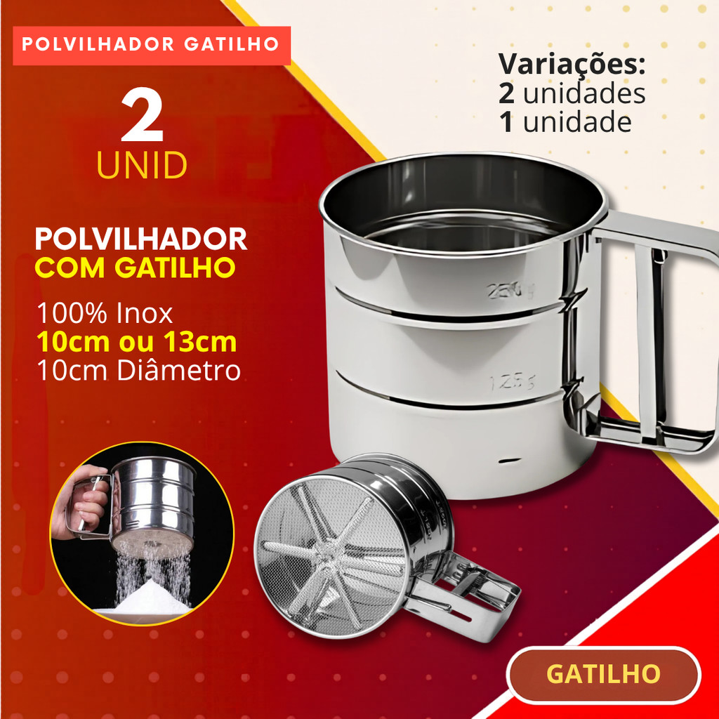 Polvilhador Caneca 2 ou 1 Peça com Gatilho Inox 10CM ou 13CM Peneira  Confeitaria Doces Bolos