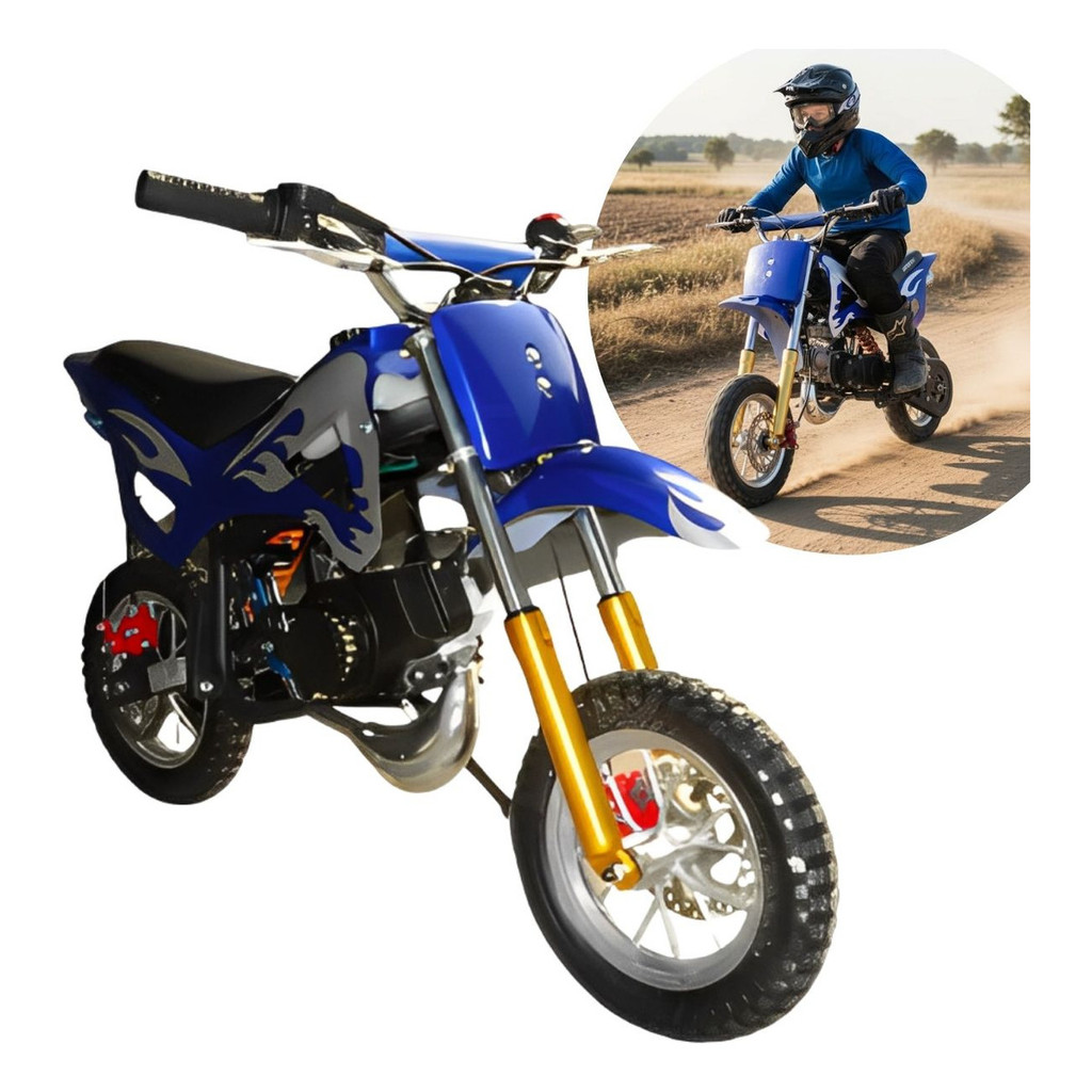 Imagem Mini Moto Azul Dirt 49cc Gasolina Com Partida Manual Freios a Disco e Design Esportivo Para Diversão Radical