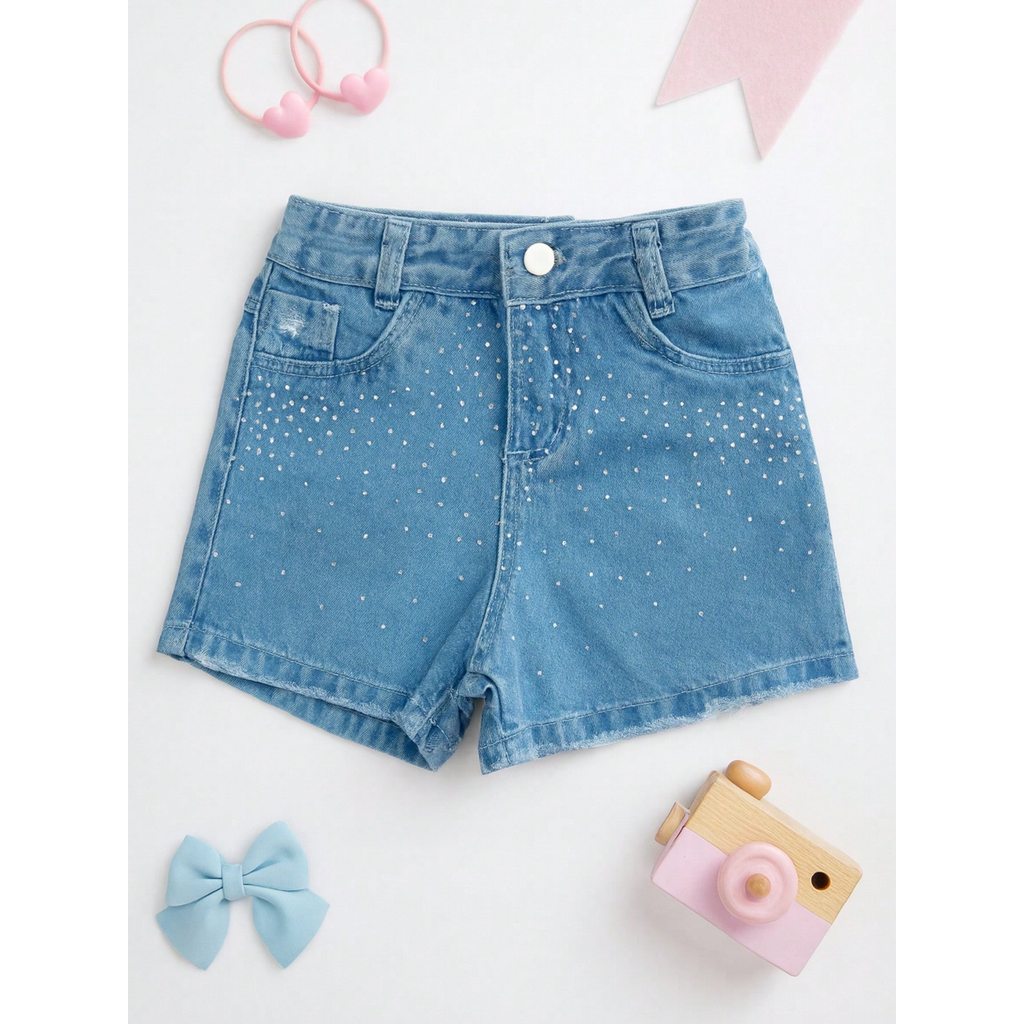 Short Jeans Infantil Feminino com Pedrinhas e Brilho Fashion