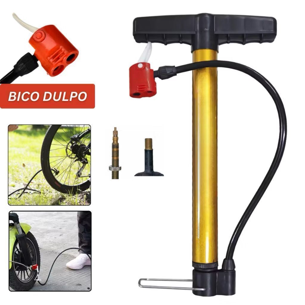 Bomba de Encher Pneu Bicicleta Bike Carro Moto 30cm Bico Duplo Manual Vertical Portátil
