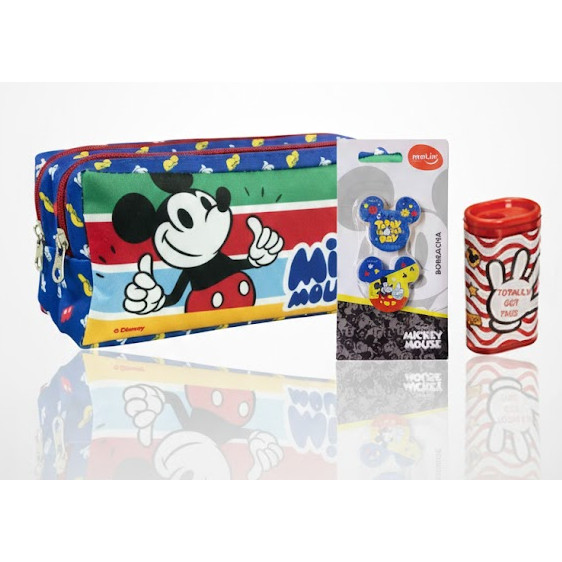 Kit Estojo Duplo Mickey Azul+ Apontador com Depósito Mickey +  2Borrachas Mickey Mouse + Cola Bastão Branca Mickey 9g.
