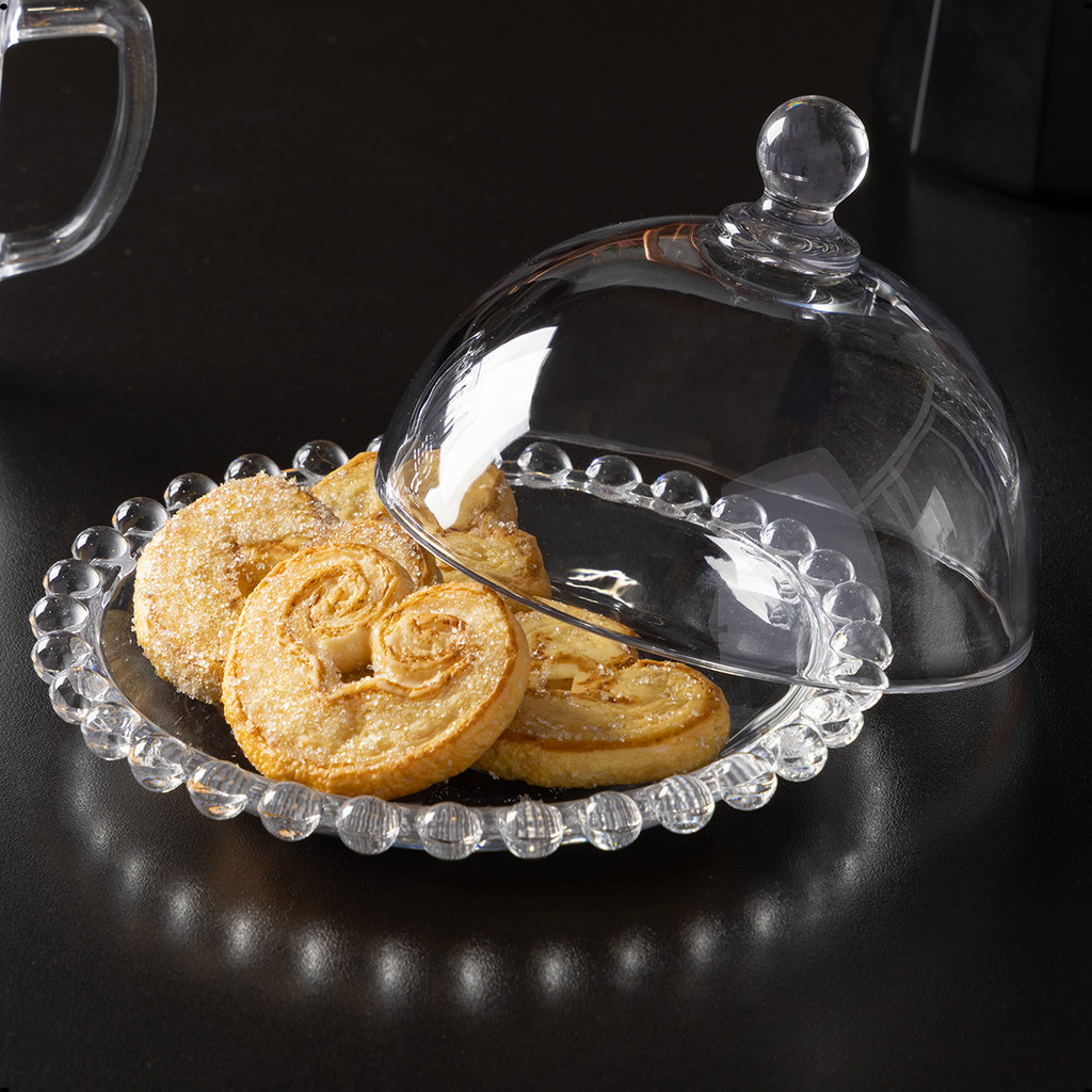 Queijeira Mini Prato para Doce com Tampa 14x10cm Vidro Cristal Pearl Doce, Sobremesa, Cozinha Mesa