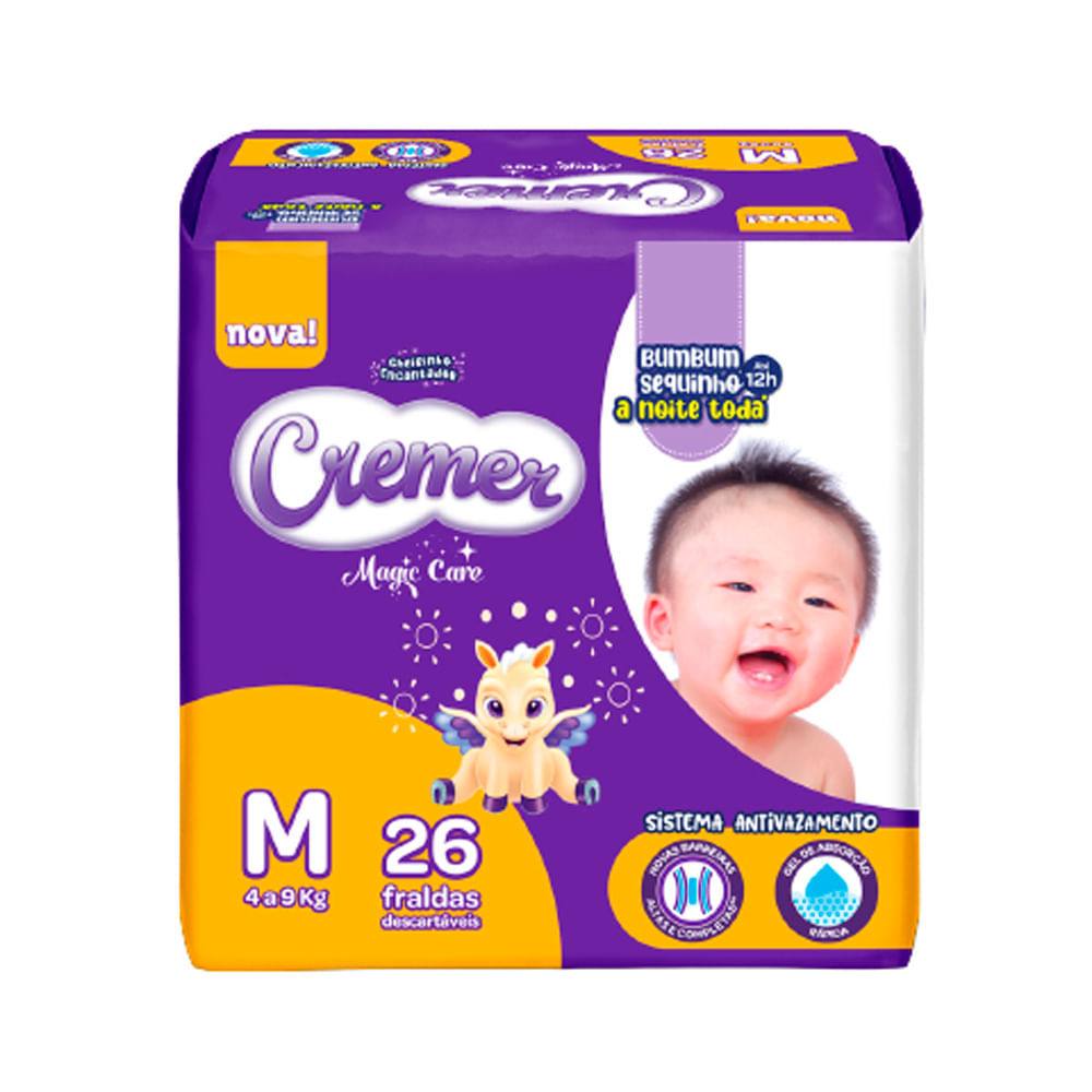 Detalhes do Fralda Cremer Magic Care Tamanho M Pacote Jumbo 26 Unidades Descartáveis
