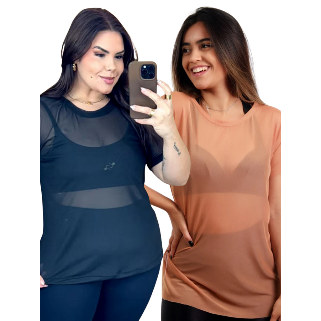 Kit 2 Blusa De Academia Transparente De Tule Plus Size Treino em Oferta na Shopee