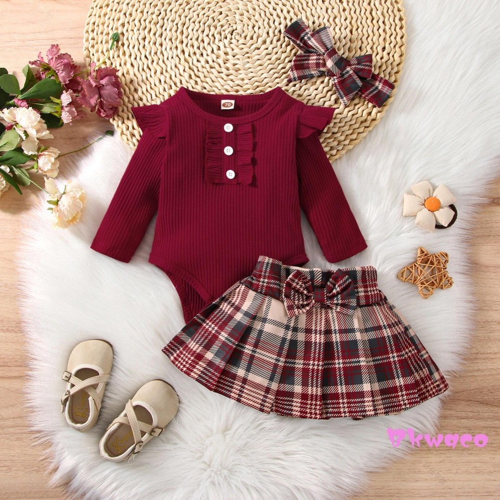 Bkw-3Pcs Roupa Para Bebês Meninas Com Nervuras De Manga Comprida + Saia Xadrez Plissada + Conjunto De Faixa De Cabeça Cr