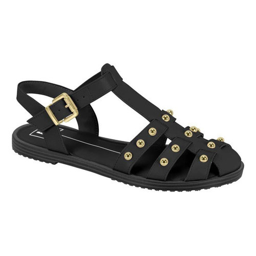 Sandália Feminina Rasteira Tachas E Fivela Leve Confortável Preto Pedraria 37 BR Adulta Ortopedica