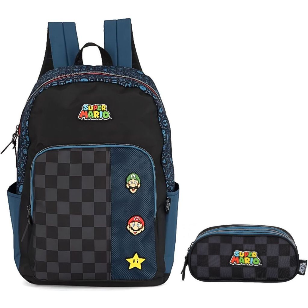 Kit Mochila De Costas e Estojo Triplo Super Mario Bros Luigi Nintendo Games Azul Infantil Escolar Volta As Aulas