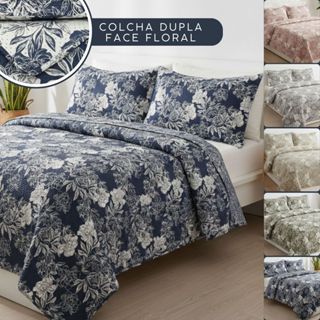 Colcha Cobre Leito Casal Queen King Solteiro Lisa Kit 3 Peças c/ Porta Travesseiro Habitat Flora 9 em Oferta na Shopee