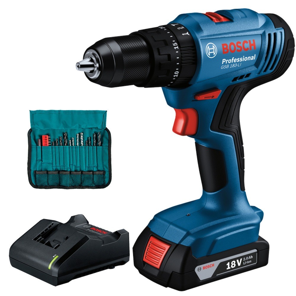 Furadeira Parafusadeira de impacto bateria 1/2" 18V 2Ah c/ kit de acessórios GSB 183-LI Bosch