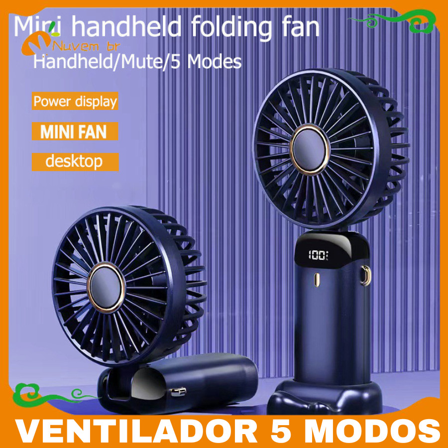 Ventilador Portátil  5 Modos mini Pequeno Dobrável digital De Escritório Presente Displa Suporte cell  Led Turbo- NUVEM