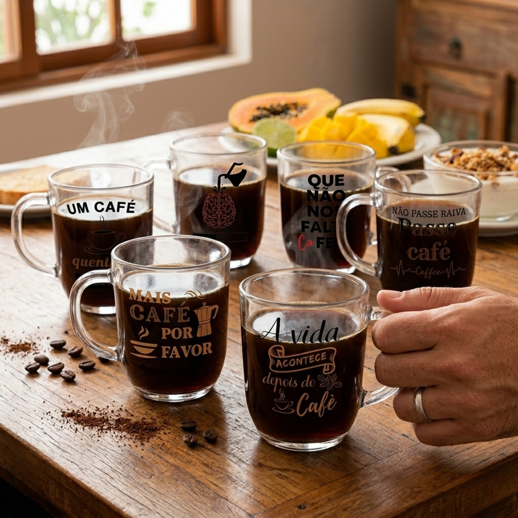 Kit 6 Canecas Vidro 230ml Frases Café Decoradas Criativas — imagem 2 de 2