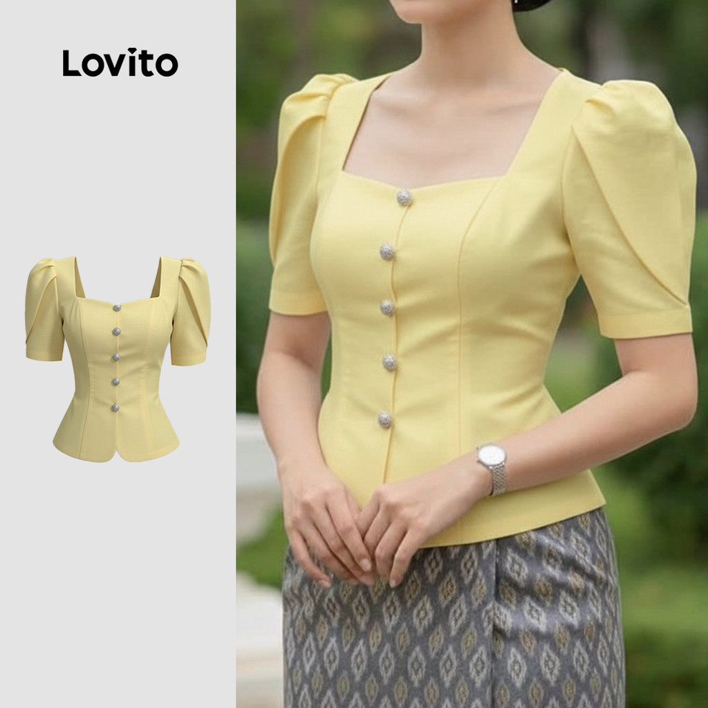 Lovito Blusa elegante com botão e estrutura frontal, blusa amarela primavera/verão para mulheres LK3ED123 em Oferta na Shopee