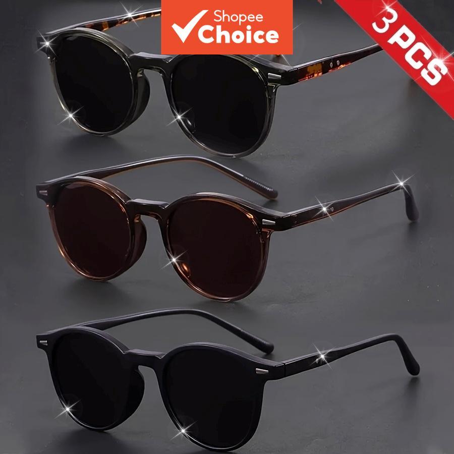 Conjunto Combo de Valor Óculos Redondos Retrô da Moda, Lente Preta e Cinza, Óculos de Estilo Universitário para Homens