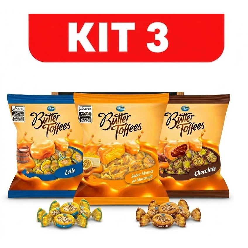 Kit 3 Pacotes Balas Butter Toffee 400g Leite - Maracujá - Chocolate Arcor Original Atacado
