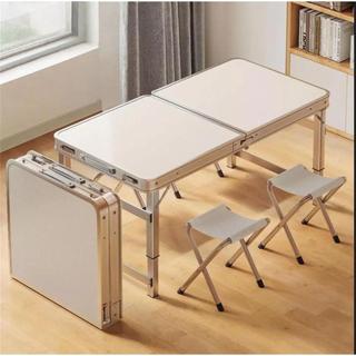 Kit Mesa Dobrável Portátil Vira Maleta Camping Churrasco 90X60cm com 2 Banquinhos Dobráveis Brancos