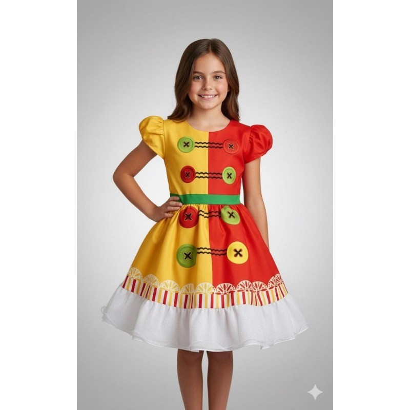 Vestido Infantil Emília Temático Fantasia Sitio Pica Pau Amarelo Tamanho 04 ao 12