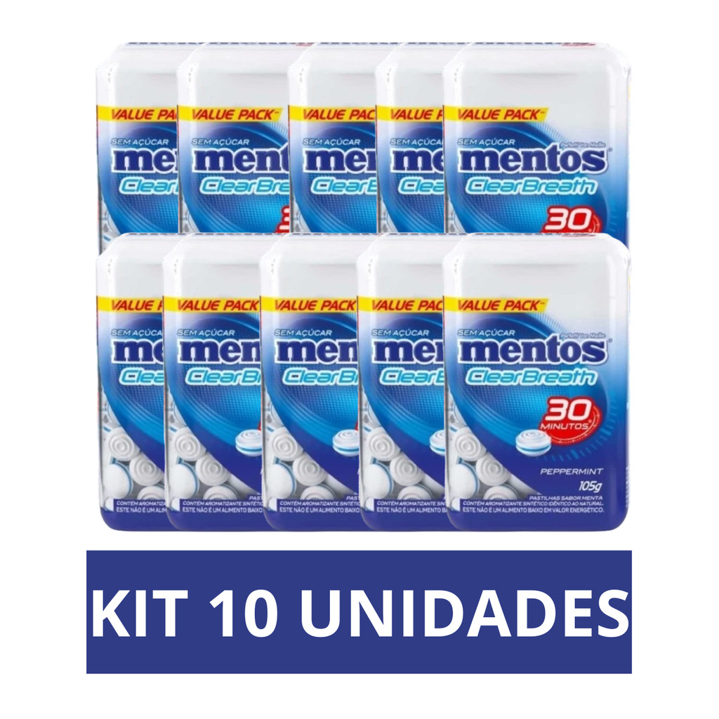 Kit 10 Pastilhas Mentos Kiss Sabor Peppermint Sem Açúcar 105g/cada - Pote Com 150 unidades