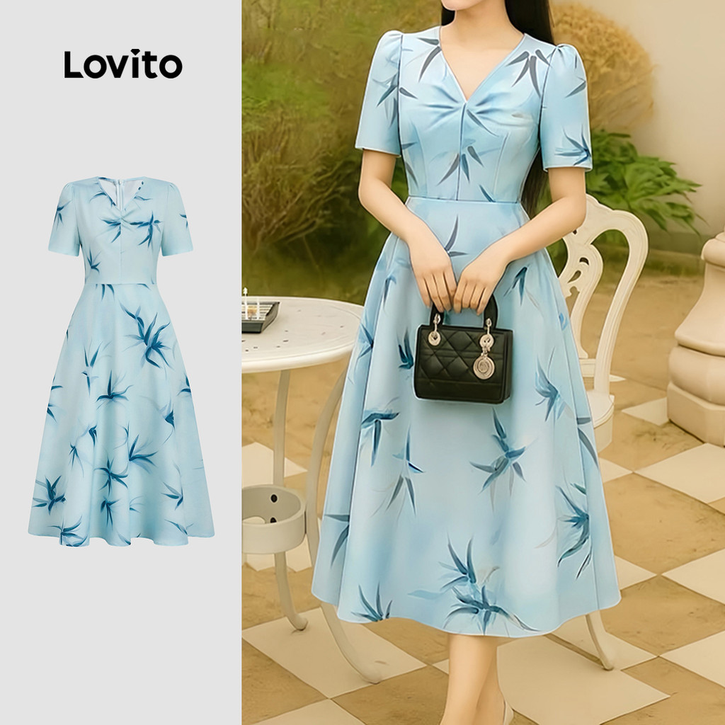 Lovito Vestido Azul de Primavera/verão para Mulheres Estrutura com Pregas e Linhas Elegantes L183AD159