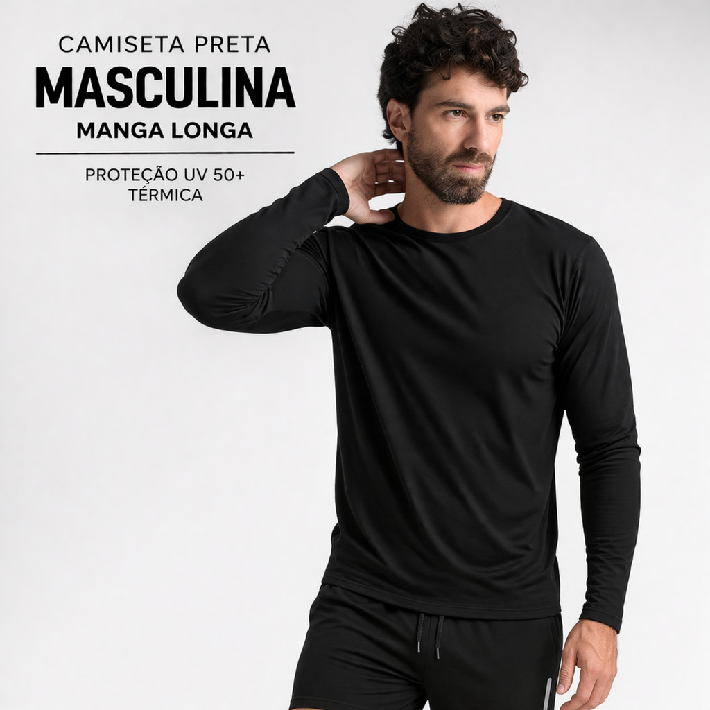 Camiseta Masculina Manga Longa UV 50+ Proteção Solar Térmica Dry Fit Preta Academia Corrida