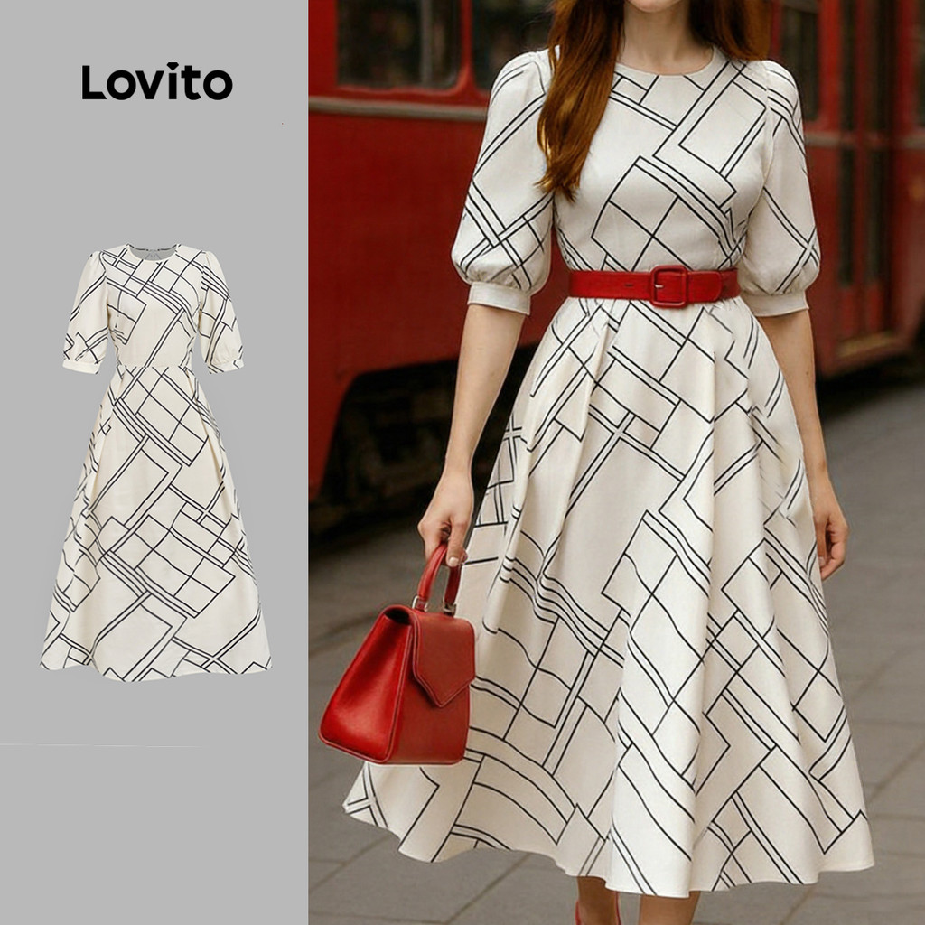 Lovito Vestido Elegante com Linhas Geométricas em Tons de Damasco para Mulheres primavera/verão LBL35169