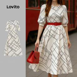 Lovito Midi Vestido Elegante com Linhas Geométricas em Tons de Damasco para Mulheres primavera/verão LBL35169