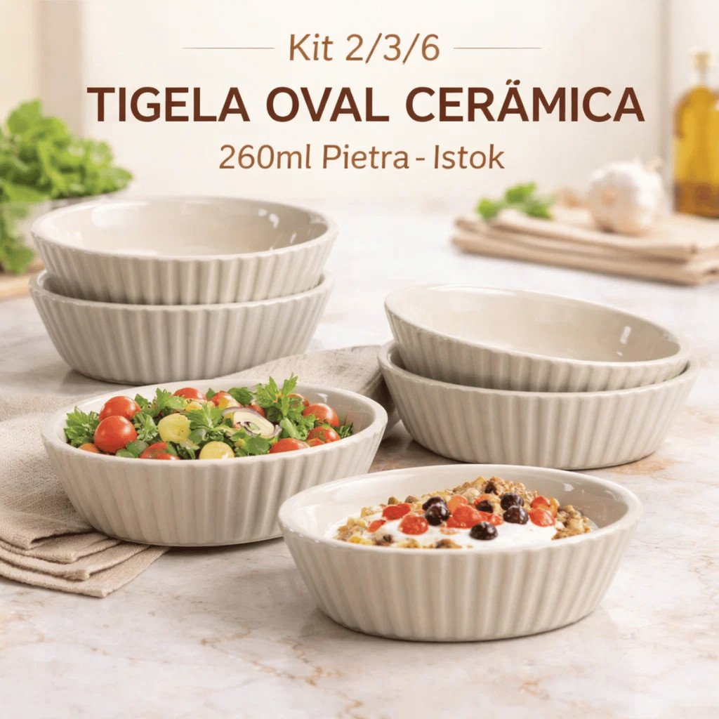 Kit 2/3/6 Tigela Cerâmica Branca 260ml Pietra Oval - Istok / Bowl Sopa Servir Jogo Conjunto Ramekin