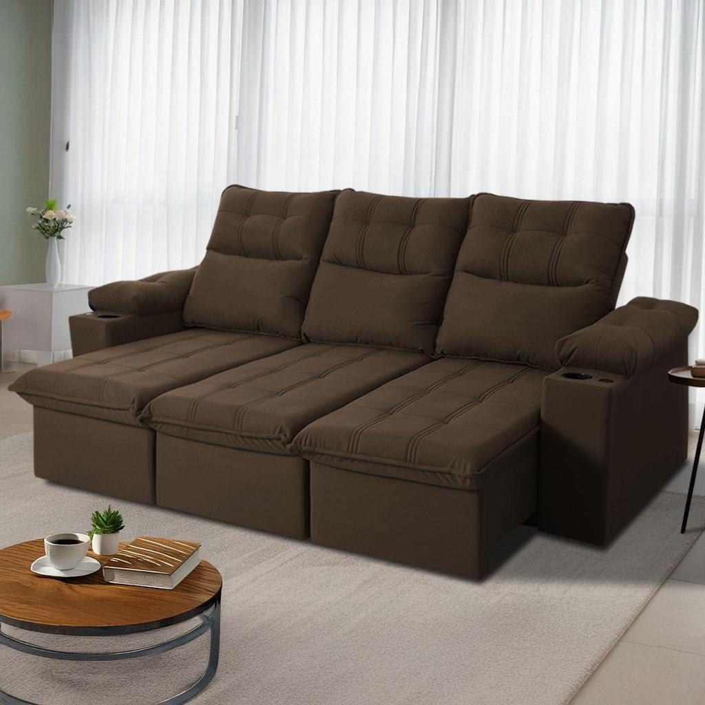 Sofá Retrátil Reclinável Verona USB + Porta Copo 2,30m Suede Velut Marrom c/ Molas no Assento - King House