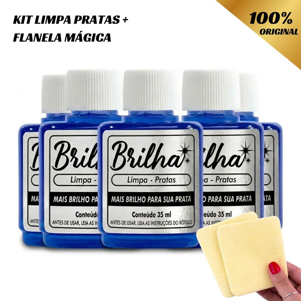 Kit Limpa Prata Original Brilha 35ml - Limpa Joias Tira Mancha Dá Brilho Flanela Mágica Polimento