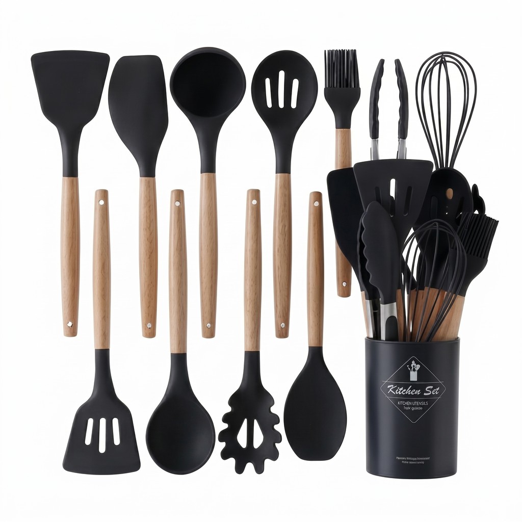 Kit Utensílios De Cozinha Silicone 12 Peças Com Suporte Organizador Resistente Ao Calor Livre De BPA