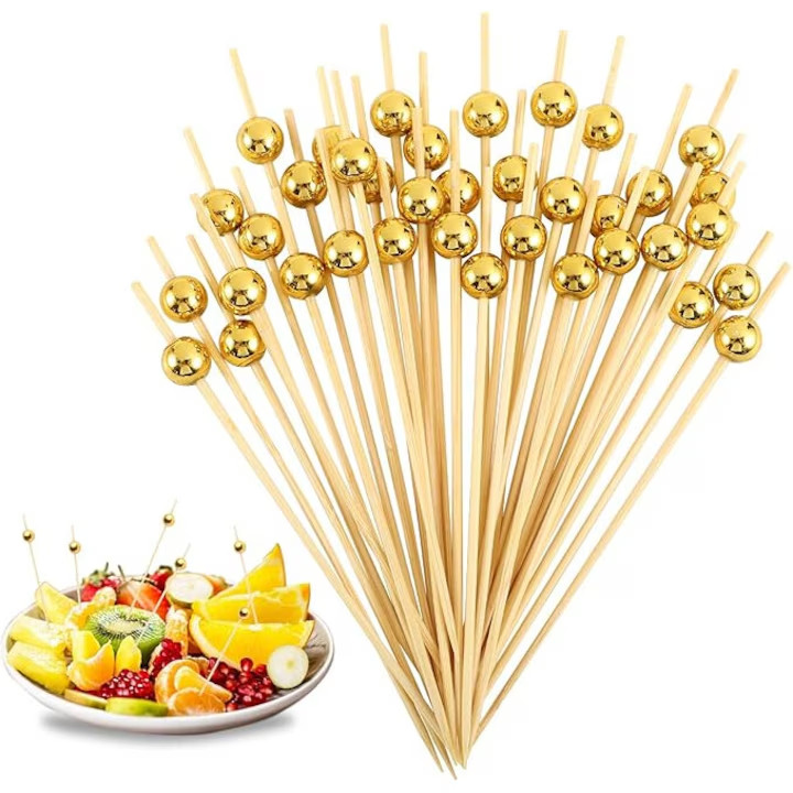 Kit 100 Palitos de Bambu Para Petisco Decorado Bolinha dourada 12cm