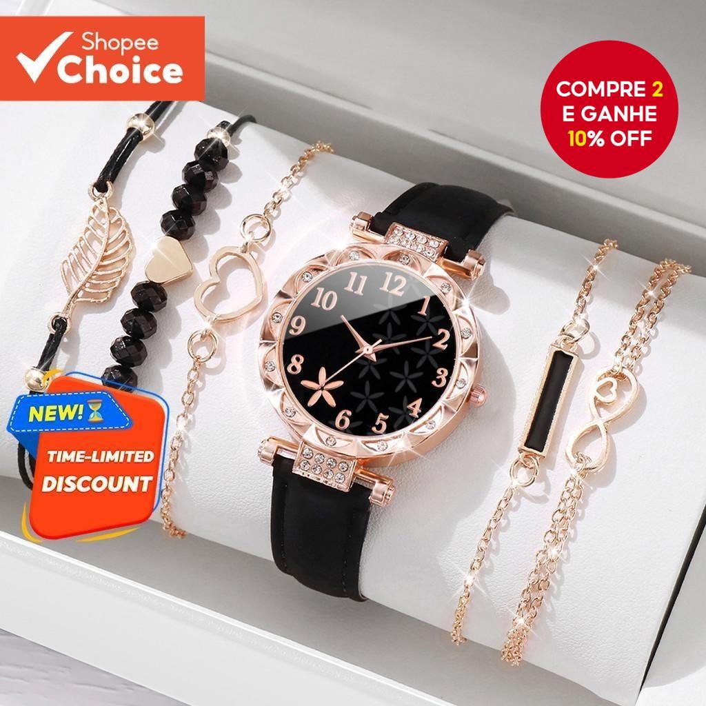 Conjunto De Relógio Com Pulseira De Couro De Quartzo Estilo Coreano , 6 Peças , Combinação De Joias Para Mulheres , Uso